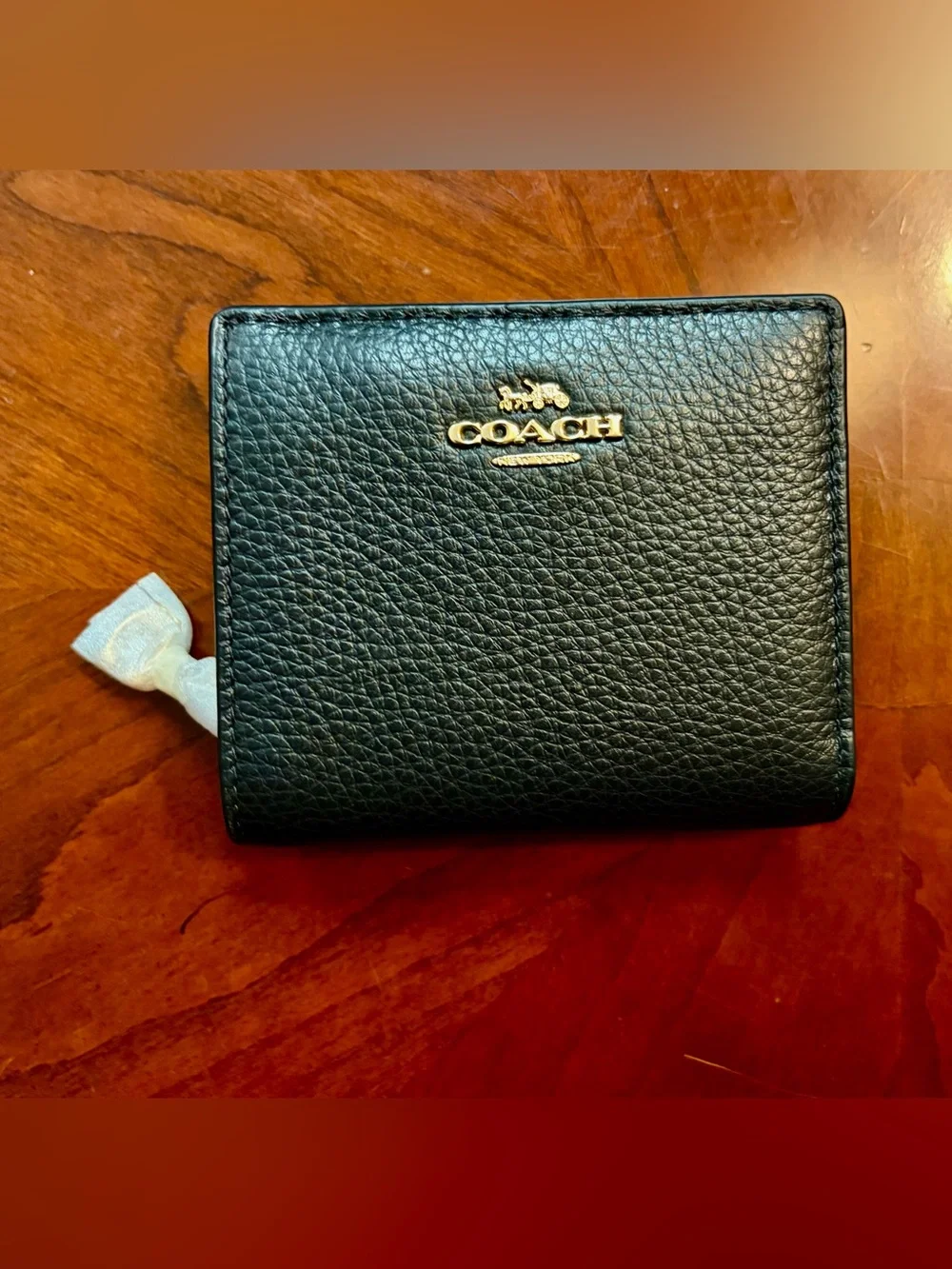 COACH Black Pebbled Leather Compact Bifold Wallet with Gold Logo